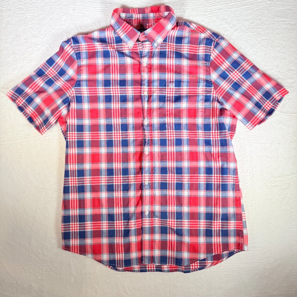 Chaps Men's Button Down Short Sleeve Shirts Red Easy Care Plaid Pockets‎ Size XL